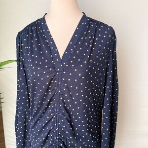 Adrianna Papell Navy Polka Dot Ruched Blouse